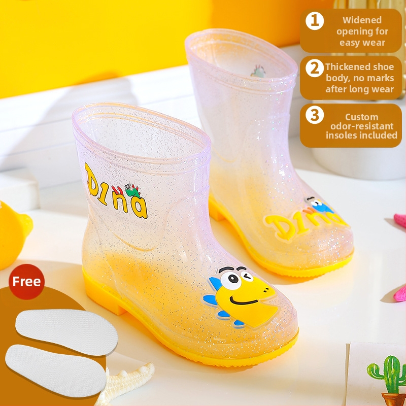 Bērnu lietuss zābaki - PVC augšdaļa, vidējā caurules augstums, zems papēdis 1–3 cm, burti-dinozaura raksts, animācijas stils