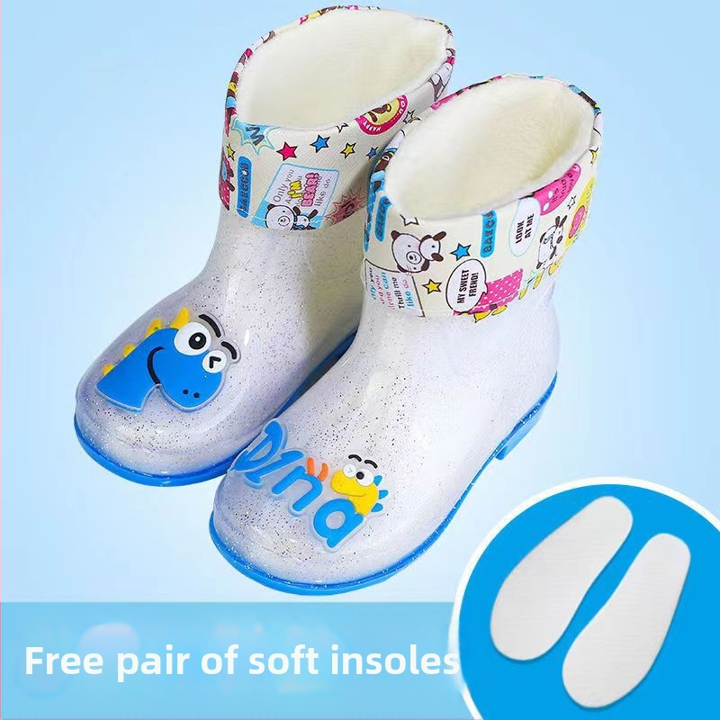 Bērnu lietuss zābaki - PVC augšdaļa, vidējā caurules augstums, zems papēdis 1–3 cm, burti-dinozaura raksts, animācijas stils