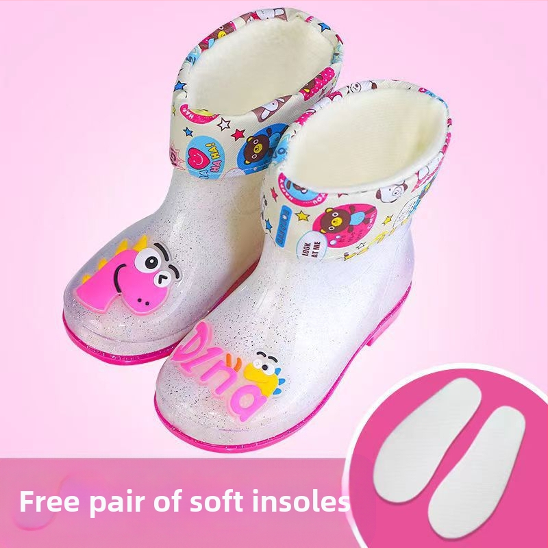 Bērnu lietuss zābaki - PVC augšdaļa, vidējā caurules augstums, zems papēdis 1–3 cm, burti-dinozaura raksts, animācijas stils