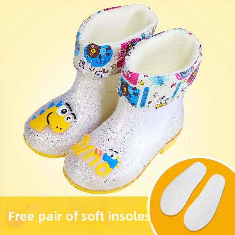 Bērnu lietuss zābaki - PVC augšdaļa, vidējā caurules augstums, zems papēdis 1–3 cm, burti-dinozaura raksts, animācijas stils