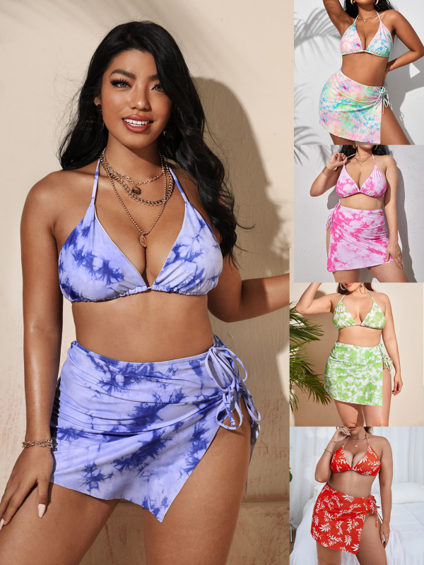 Γυναικείο μαγιό με floral μοτίβο και τριγωνικό πάνω μέρος – πολυεστέρας, γρήγορο στέγνωμα, υψηλή ελαστικότητα, φιλικό προς το περιβάλλον, σετ τριών τεμαχίων