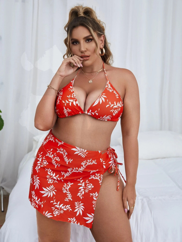 Γυναικείο μαγιό με floral μοτίβο και τριγωνικό πάνω μέρος – πολυεστέρας, γρήγορο στέγνωμα, υψηλή ελαστικότητα, φιλικό προς το περιβάλλον, σετ τριών τεμαχίων