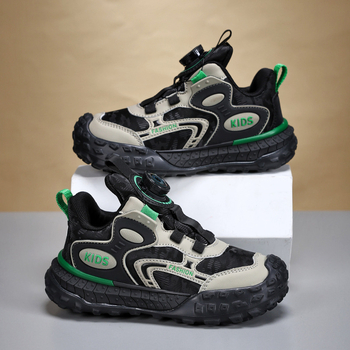 Bērnu sporta apavi ar rotējošu pogu aizdari, viegls dizains, augšējā daļa no sintētiskās ādas, TPR zole, neslīdoši un izturīgi pret nolietošanos.