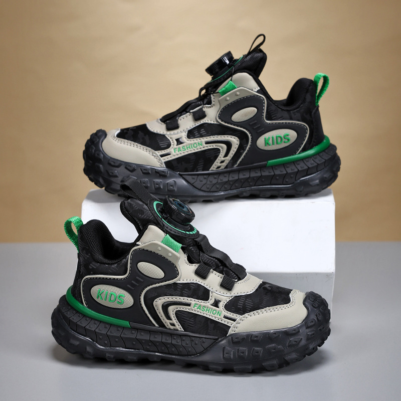 Bērnu sporta apavi ar rotējošu pogu aizdari, viegls dizains, augšējā daļa no sintētiskās ādas, TPR zole, neslīdoši un izturīgi pret nolietošanos.