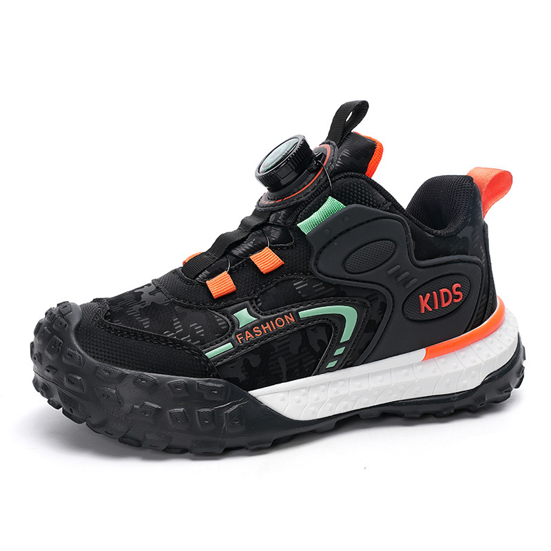 Bērnu sporta apavi ar rotējošu pogu aizdari, viegls dizains, augšējā daļa no sintētiskās ādas, TPR zole, neslīdoši un izturīgi pret nolietošanos.