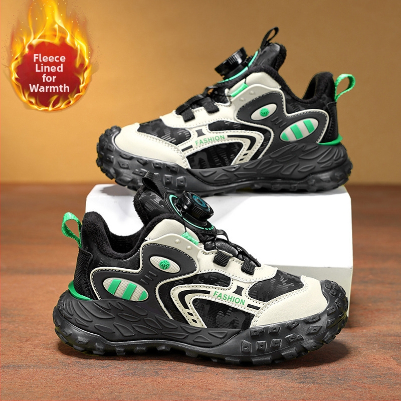 Bērnu sporta apavi ar rotējošu pogu aizdari, viegls dizains, augšējā daļa no sintētiskās ādas, TPR zole, neslīdoši un izturīgi pret nolietošanos.