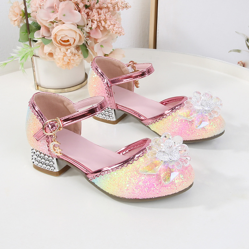 Princeses korķa sandales ar kristāla augšpusi, karikatūras raksts, kristāla ziedu akcenti, sprādzes aizdare, anti-slīdējoša zole