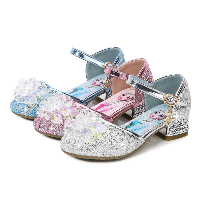 Princeses korķa sandales ar kristāla augšpusi, karikatūras raksts, kristāla ziedu akcenti, sprādzes aizdare, anti-slīdējoša zole