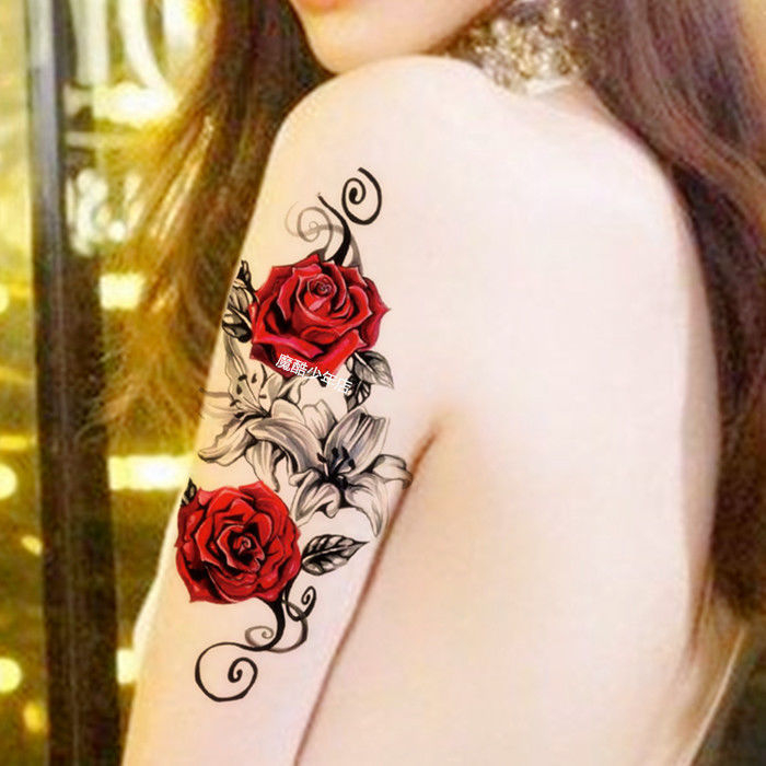 Rozes motīva ūdensizturīgas pagaidu tetovēšanas uzlīmes krūtīm, vēderam, rokām un augšstilbiem, rētu pārklājums, reālistiska tetovējuma imitācija.