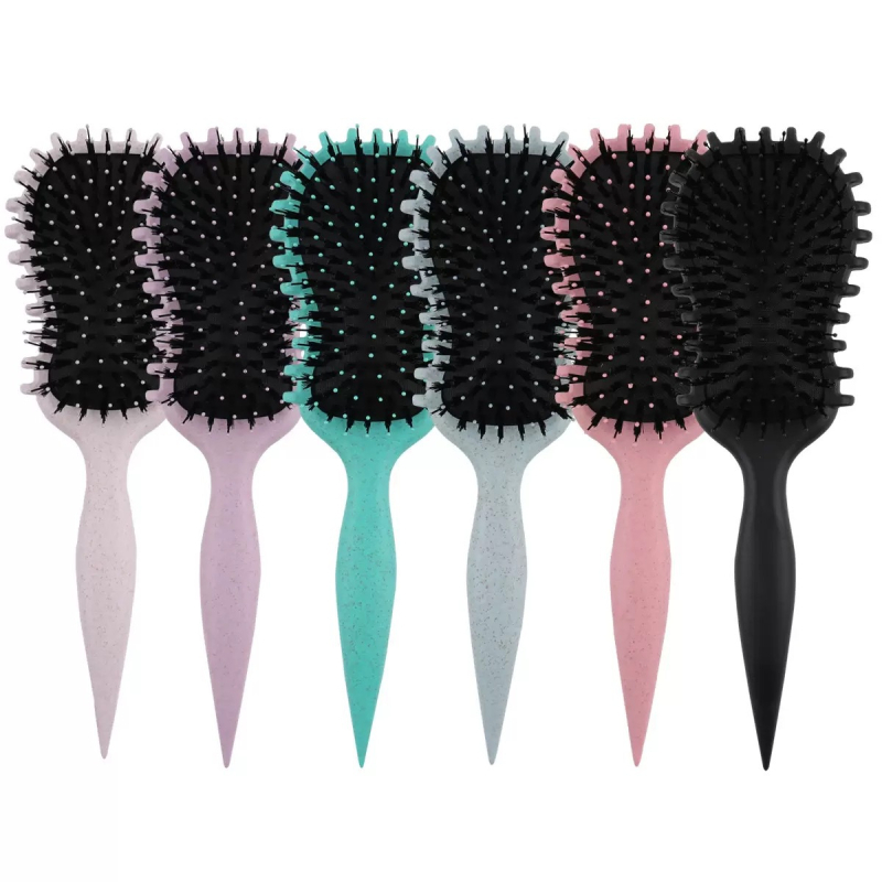 Gitāras formas ķemme cirtuļu ar gaisa spilvenu, pretstatīgas zobi, kviešu salmi + neilona sari pūkainām definētām cirtām