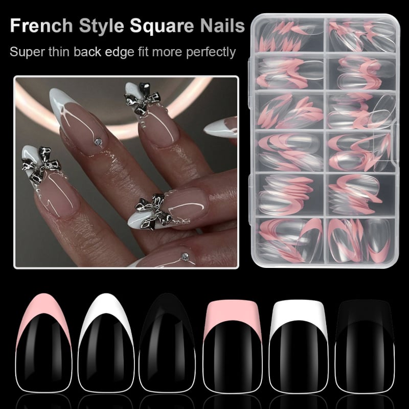Odvojivi umjetni nokti za nanošenje, oblike badem i kvadrat, francuski stil, slatko, ultra-tanki, različiti uzorci.