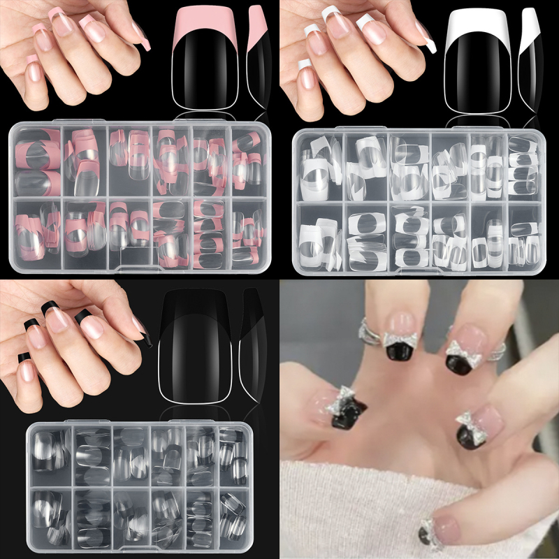 Odvojivi umjetni nokti za nanošenje, oblike badem i kvadrat, francuski stil, slatko, ultra-tanki, različiti uzorci.
