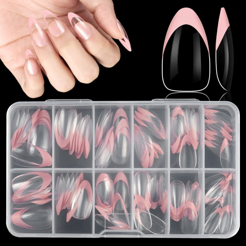 Odvojivi umjetni nokti za nanošenje, oblike badem i kvadrat, francuski stil, slatko, ultra-tanki, različiti uzorci.
