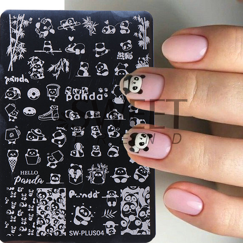 Πλάκα στίγμα νυχιών, 3D panda με λουλούδια και φύλλα, κρεμαστό σε σχήμα κεφαλιού γάτας, ανοξείδωτο ατσάλι, 10 g