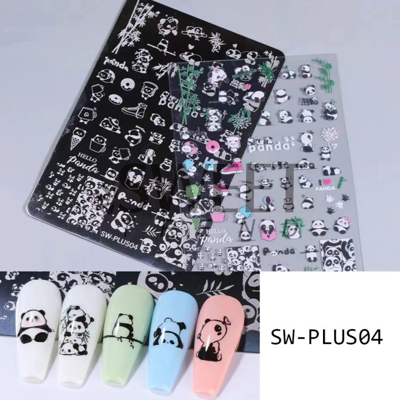 Πλάκα στίγμα νυχιών, 3D panda με λουλούδια και φύλλα, κρεμαστό σε σχήμα κεφαλιού γάτας, ανοξείδωτο ατσάλι, 10 g