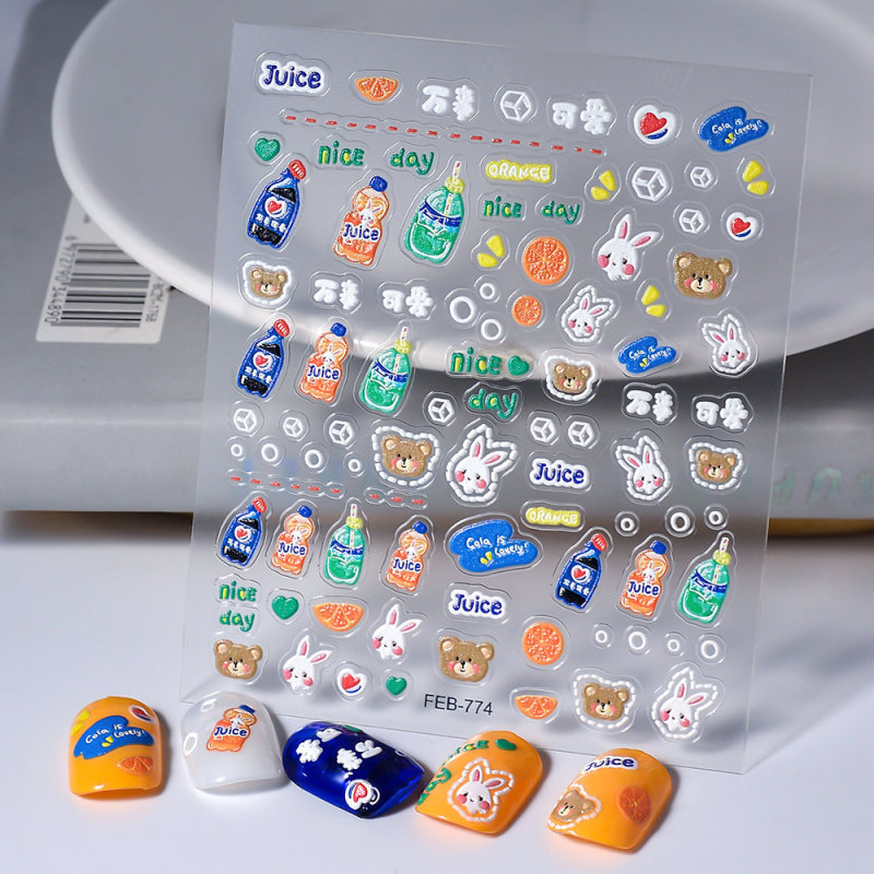 3D ανάγλυφες αυτοκόλλητες ετικέτες για διακόσμηση νυχιών και μπουκαλιών ποτών — μοτίβα: καρικατούρες, λουλούδια, φιόγκος; γλυκό, φρέσκο στυλ, υπερ-λεπτός, χωρίς ραφές σχεδιασμός.