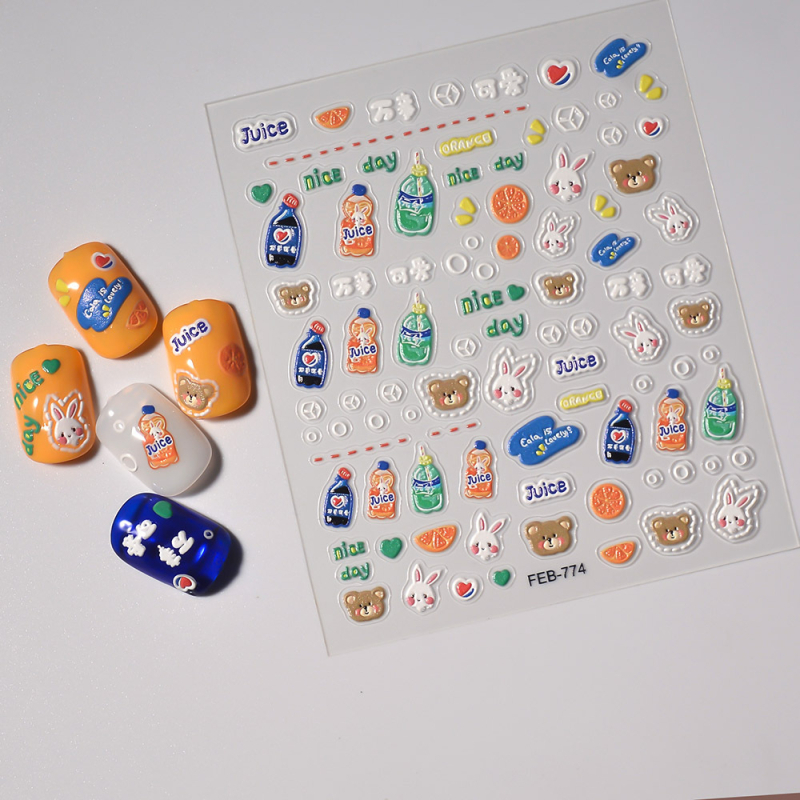 3D ανάγλυφες αυτοκόλλητες ετικέτες για διακόσμηση νυχιών και μπουκαλιών ποτών — μοτίβα: καρικατούρες, λουλούδια, φιόγκος; γλυκό, φρέσκο στυλ, υπερ-λεπτός, χωρίς ραφές σχεδιασμός.