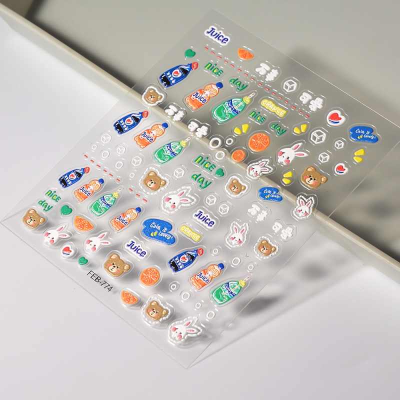 3D ανάγλυφες αυτοκόλλητες ετικέτες για διακόσμηση νυχιών και μπουκαλιών ποτών — μοτίβα: καρικατούρες, λουλούδια, φιόγκος; γλυκό, φρέσκο στυλ, υπερ-λεπτός, χωρίς ραφές σχεδιασμός.