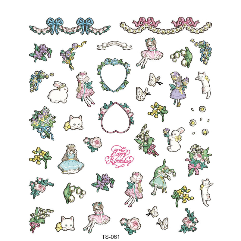 3D ανάγλυφες αυτοκόλλητες ετικέτες για διακόσμηση νυχιών και μπουκαλιών ποτών — μοτίβα: καρικατούρες, λουλούδια, φιόγκος; γλυκό, φρέσκο στυλ, υπερ-λεπτός, χωρίς ραφές σχεδιασμός.