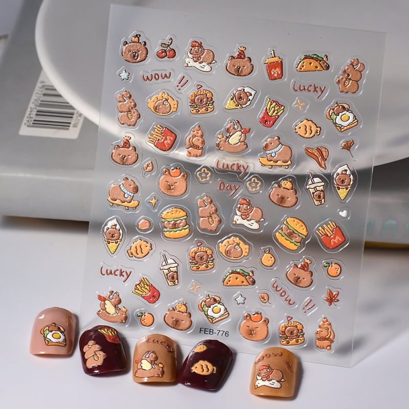 3D reljēfa uzlīmes nagiem un dzērienu pudelēm dekorēšanai – motīvi: karikatūras, ziedi, lentīte; mīļš, svaigs stils, ultra-plāns, bezšuvju dizains.