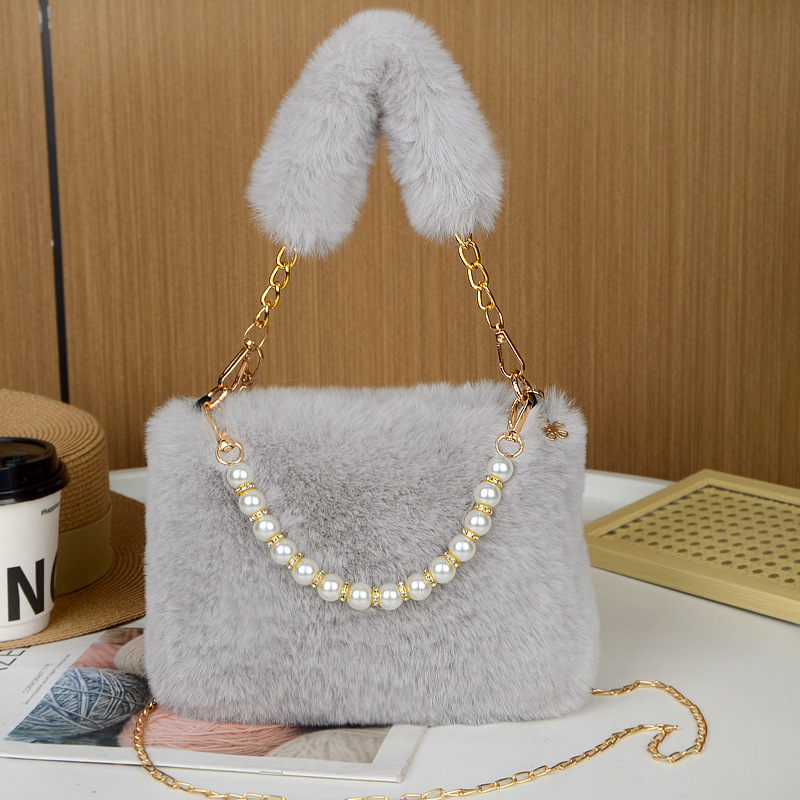 Geantă crossbody din pluș – stil urban simplu, trend pătrat mic, formă orizontală, fermoar la deschidere, căptușeală din piele sintetică