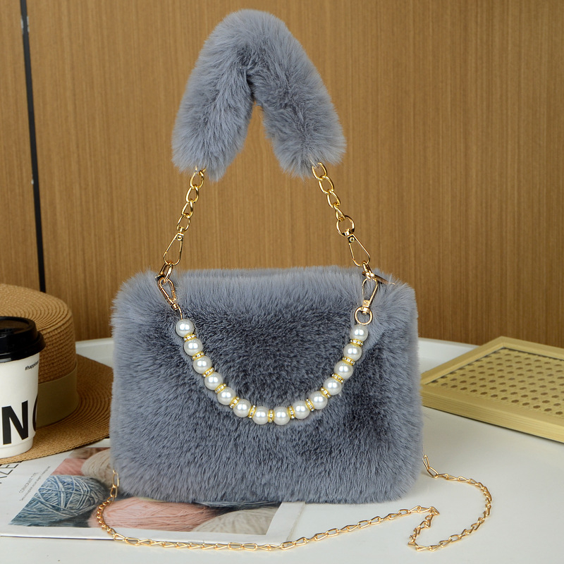 Geantă crossbody din pluș – stil urban simplu, trend pătrat mic, formă orizontală, fermoar la deschidere, căptușeală din piele sintetică
