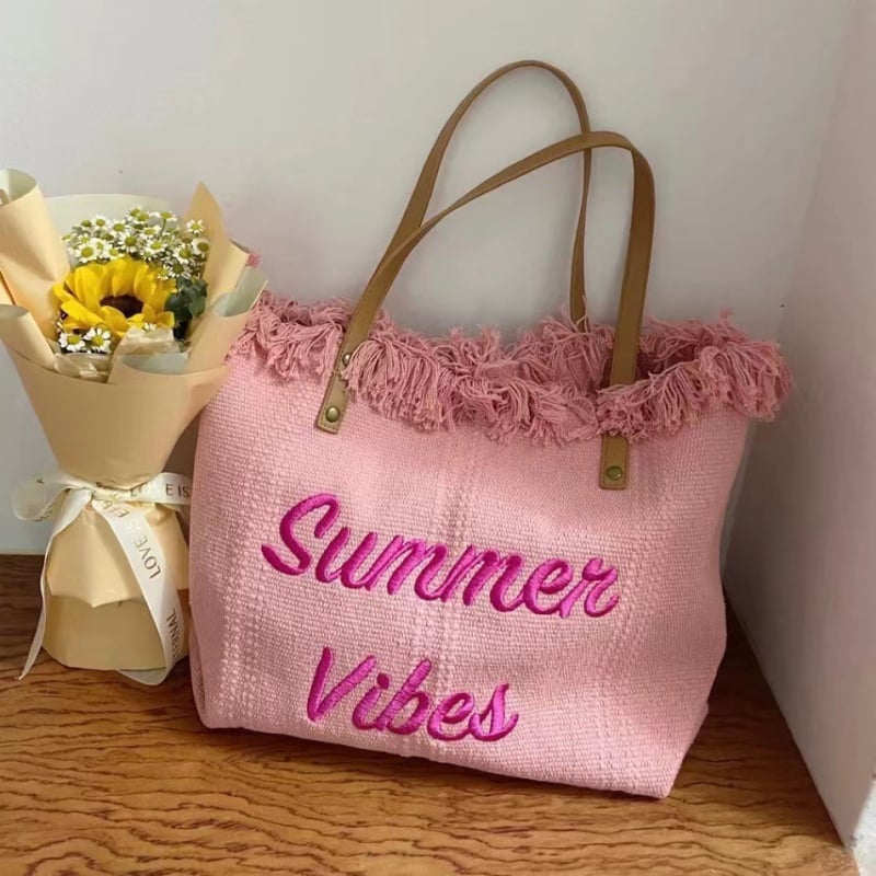 Geantă tote de plajă din pânză pentru călătorii – stil street fashion, formă orizontal pătrată, închidere magnetică, buzunar deschis