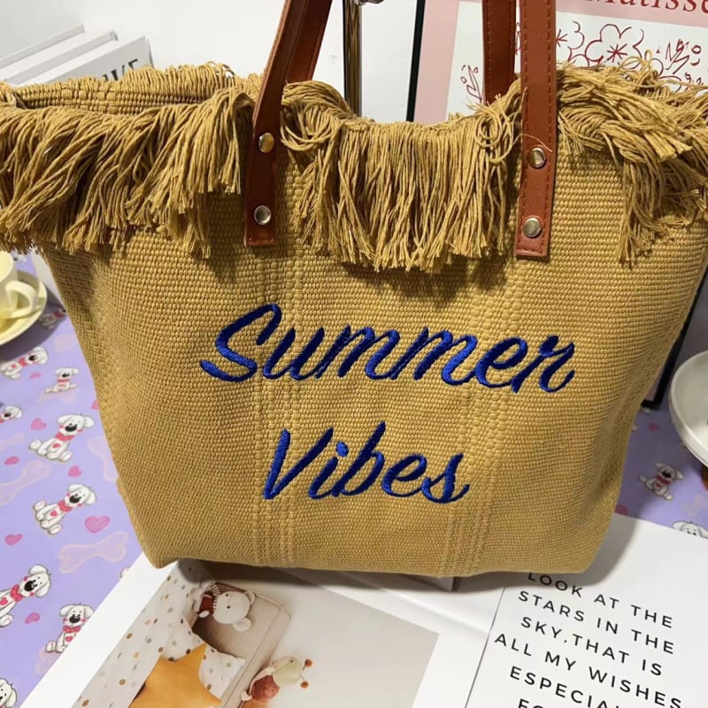 Geantă tote de plajă din pânză pentru călătorii – stil street fashion, formă orizontal pătrată, închidere magnetică, buzunar deschis