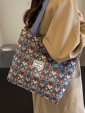 Unisex Καμβά Tote Τσάντα, Κάθετη Τετράγωνη Μορφή, Φερμουάρ, Καθημερινή Χρήση