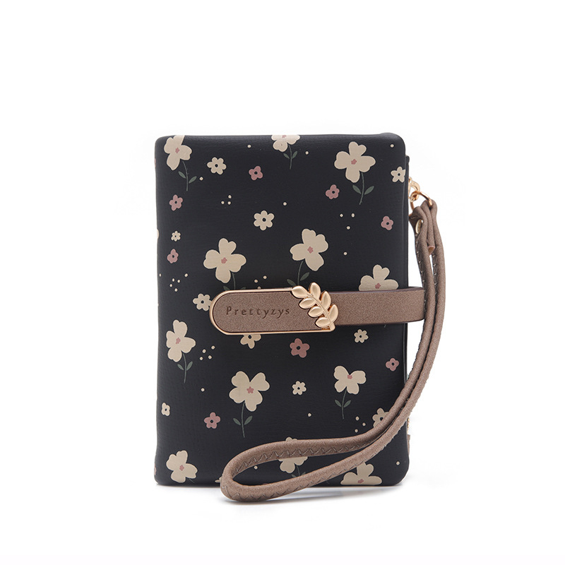 Portofel PU cu două pliuri, model floral, stil proaspăt și drăguț, ultraușor pentru utilizare zilnică