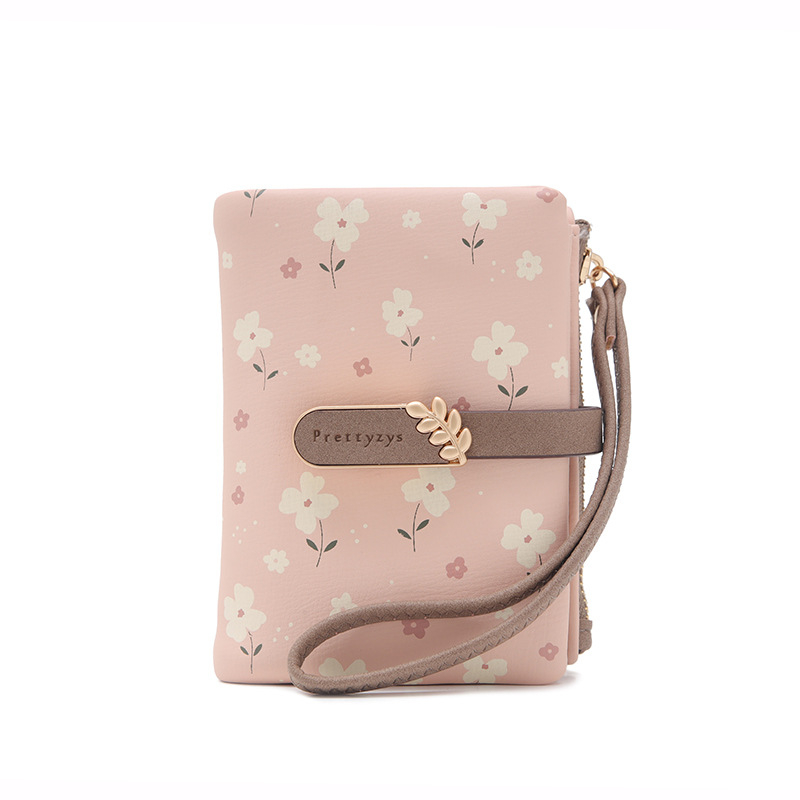 Portofel PU cu două pliuri, model floral, stil proaspăt și drăguț, ultraușor pentru utilizare zilnică