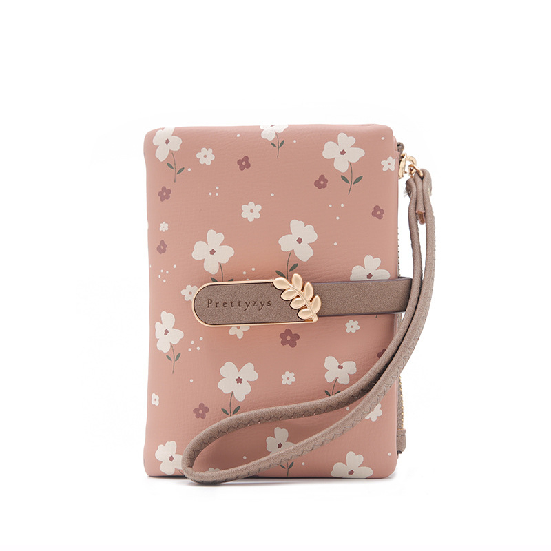 Portofel PU cu două pliuri, model floral, stil proaspăt și drăguț, ultraușor pentru utilizare zilnică