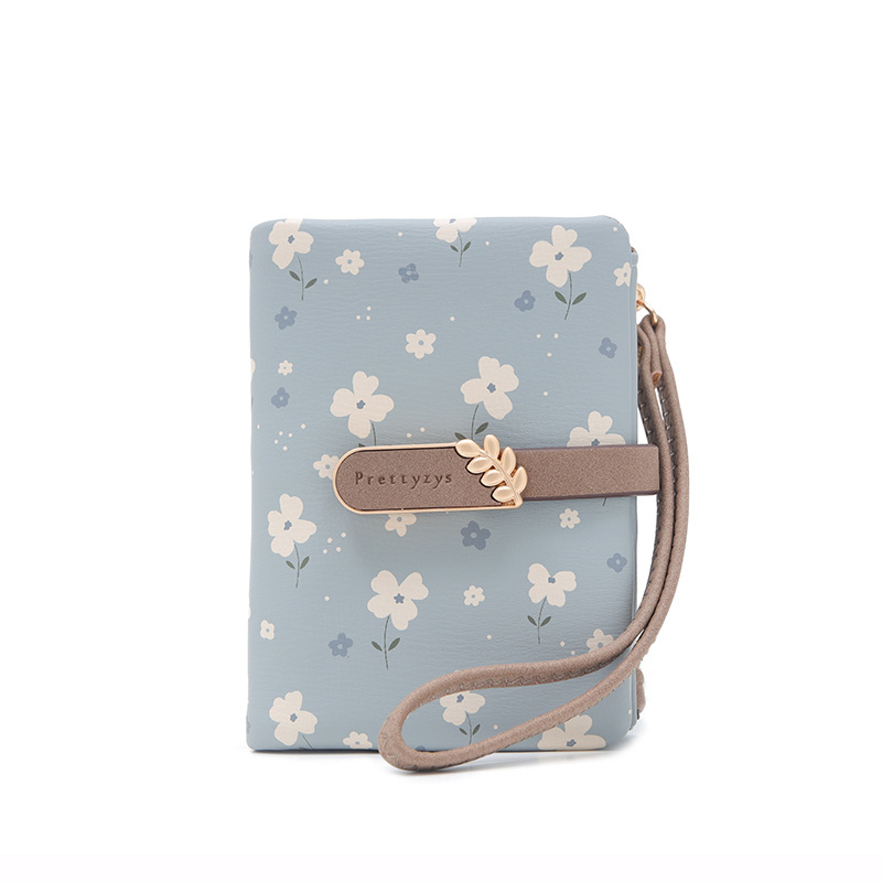 Portofel PU cu două pliuri, model floral, stil proaspăt și drăguț, ultraușor pentru utilizare zilnică