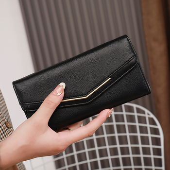 Дълъг дамски портфейл с три сгъвки, PU кожа, PU подплата, градски минимализъм, ултралек и износоустойчив.