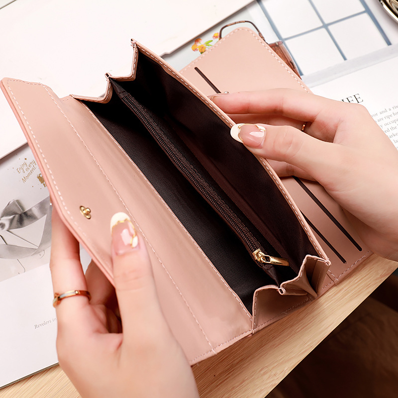 Дълъг дамски портфейл с три сгъвки, PU кожа, PU подплата, градски минимализъм, ултралек и износоустойчив.