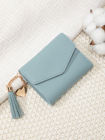 Portofel pentru femei cu ciucure, portofel pentru carduri tri-fold, mini portofel pentru monede, PU piele, stil urban minimalist, toamnă 2024