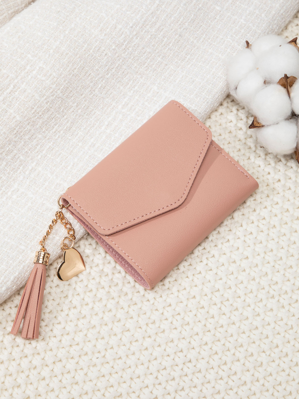 Portofel pentru femei cu ciucure, portofel pentru carduri tri-fold, mini portofel pentru monede, PU piele, stil urban minimalist, toamnă 2024