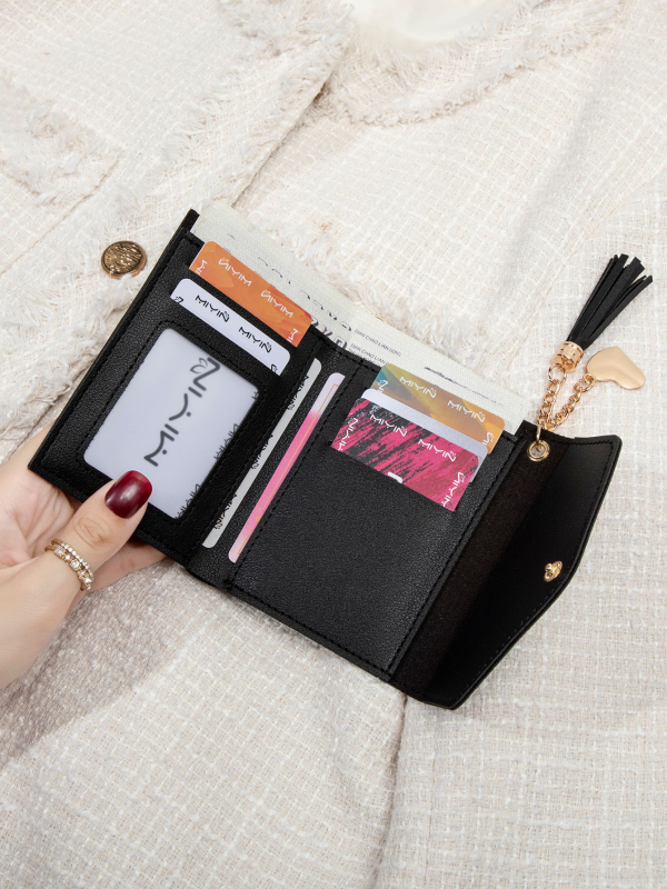 Portofel pentru femei cu ciucure, portofel pentru carduri tri-fold, mini portofel pentru monede, PU piele, stil urban minimalist, toamnă 2024