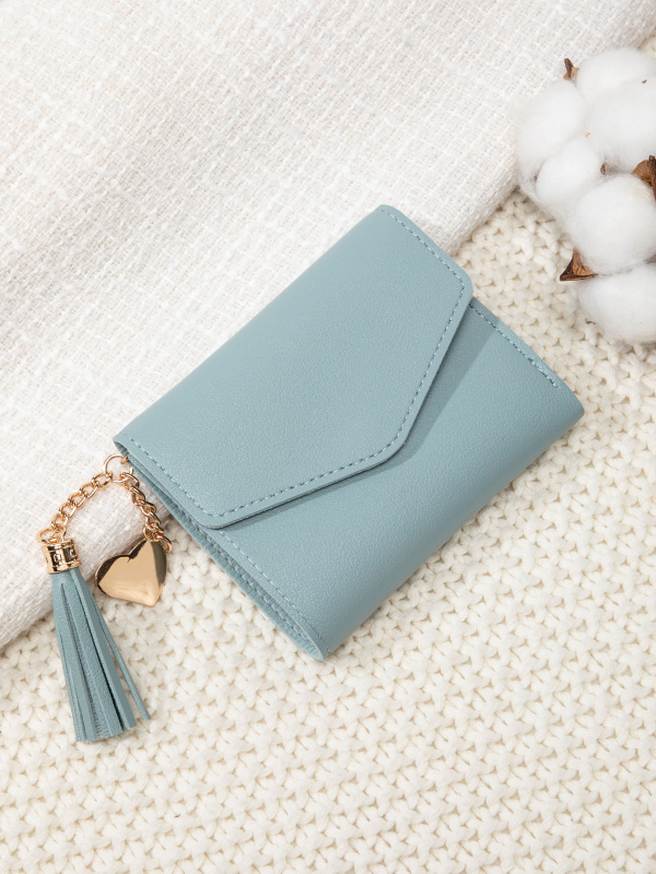 Portofel pentru femei cu ciucure, portofel pentru carduri tri-fold, mini portofel pentru monede, PU piele, stil urban minimalist, toamnă 2024