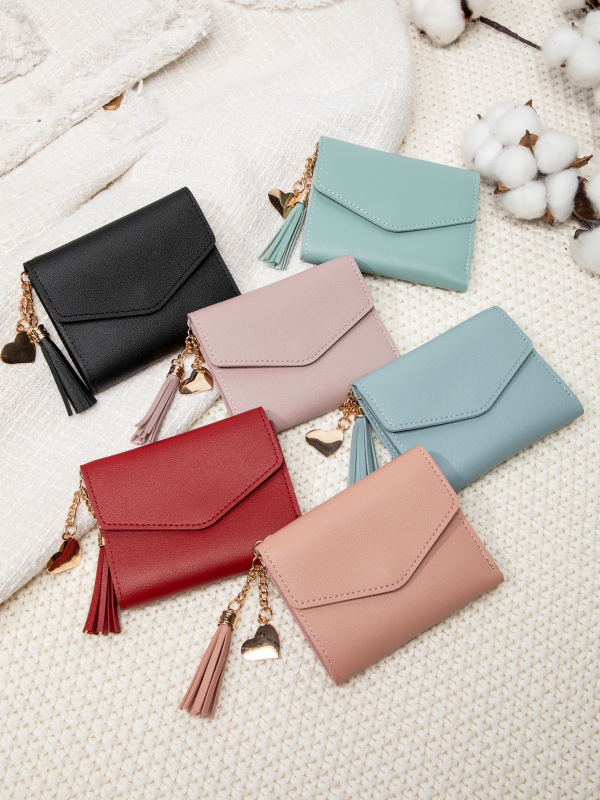 Portofel pentru femei cu ciucure, portofel pentru carduri tri-fold, mini portofel pentru monede, PU piele, stil urban minimalist, toamnă 2024