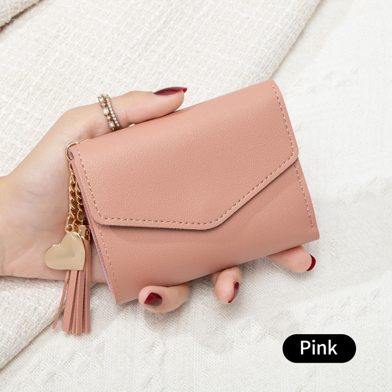 Portofel pentru femei cu ciucure, portofel pentru carduri tri-fold, mini portofel pentru monede, PU piele, stil urban minimalist, toamnă 2024