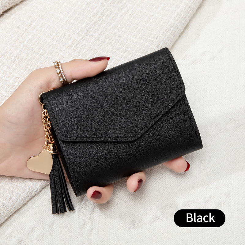 Portofel pentru femei cu ciucure, portofel pentru carduri tri-fold, mini portofel pentru monede, PU piele, stil urban minimalist, toamnă 2024