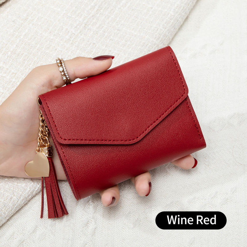 Portofel pentru femei cu ciucure, portofel pentru carduri tri-fold, mini portofel pentru monede, PU piele, stil urban minimalist, toamnă 2024