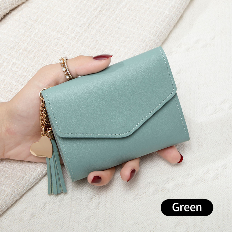 Portofel pentru femei cu ciucure, portofel pentru carduri tri-fold, mini portofel pentru monede, PU piele, stil urban minimalist, toamnă 2024