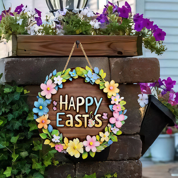 Дървен висящ стенен декор – пролетна венчева табелка за вход с номер на къща, фермерски стил