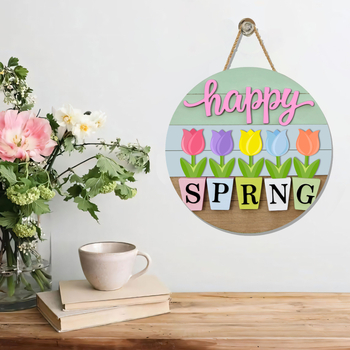 Дървен висящ стенен декор – пролетна венчева табелка за вход с номер на къща, фермерски стил