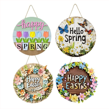 Дървен висящ стенен декор – пролетна венчева табелка за вход с номер на къща, фермерски стил