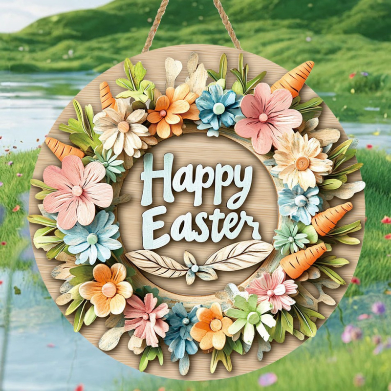 Дървен висящ стенен декор – пролетна венчева табелка за вход с номер на къща, фермерски стил