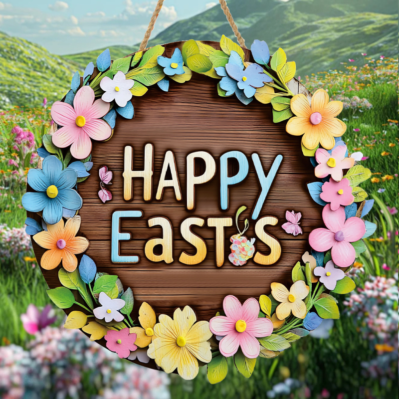 Дървен висящ стенен декор – пролетна венчева табелка за вход с номер на къща, фермерски стил