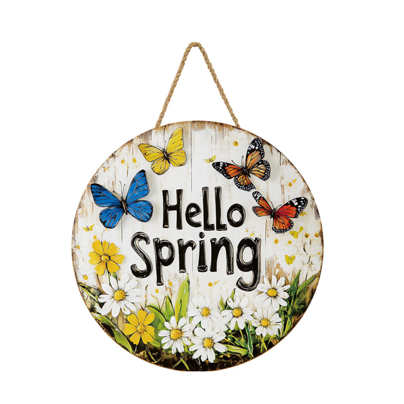 Дървен висящ стенен декор – пролетна венчева табелка за вход с номер на къща, фермерски стил